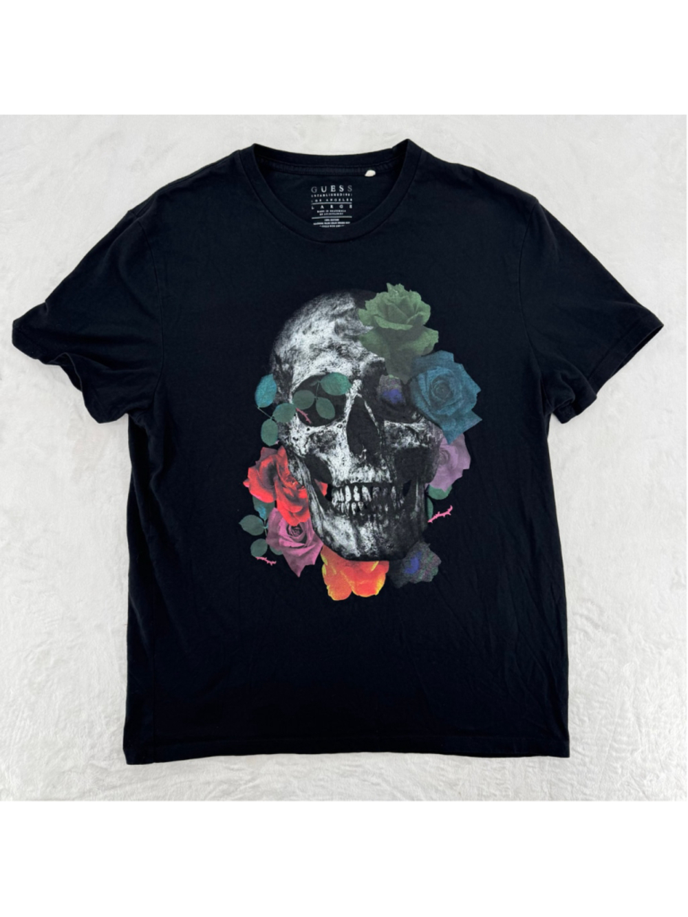 Guess Black Skull Rose Tee 100% Cotton Goth Punk Whimsigoth Women’s Size Large
